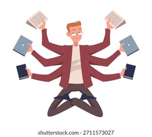 Personaje de empleado de oficina de hombre multitarea con muchas manos Ilustración vectorial