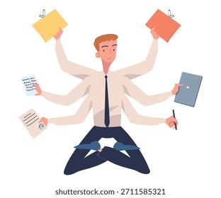 Personaje de empleado de oficina de hombre multitarea con muchas manos Ilustración vectorial