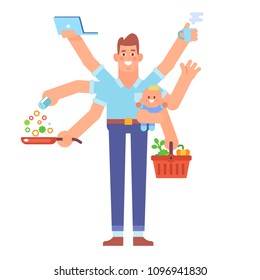 Multitasking Man. Super Dad - Father With Baby, Working, Cooking, Shopping.  Vector Flat Cartoon Illustration. 