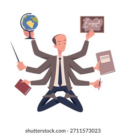 Personaje de profesor de hombre multitarea con muchas manos Ilustración vectorial