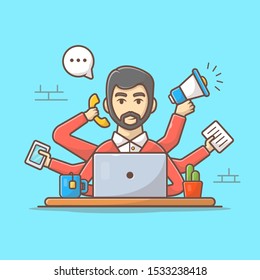 Multitasking Man Vector Icon Illustration. Man And Laptop, Coffee, Phone, Microphone, Office Icon Concept White Isolated. Flat Cartoon Style Suitable for Web Landing Page, Banner, Sticker, Background