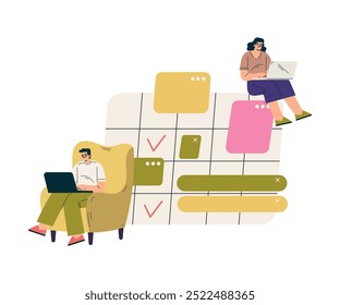 Personaje de hombre y mujer multitarea en el ordenador portátil que hace la Ilustración vectorial de tareas múltiples