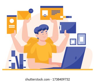 multitarea trabajando en un portátil. Ilustración de vector plano