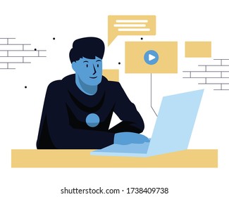 multitarea trabajando en un portátil. Ilustración de vector plano