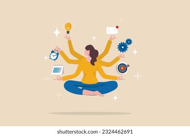 Multitasking or manage project, task or work efficiency, productivity or time management, workload balance or work responsibility concept, productive woman with multiple hands handle multitasking job.