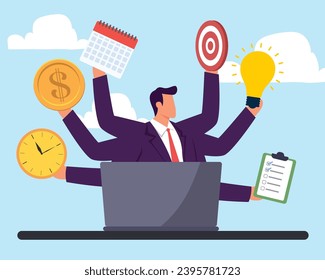 Multitasking or manage project, task or work efficiency, productivity or time management, workload balance or work responsibility concept