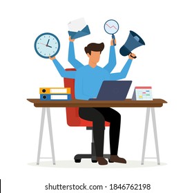 Multitasking manager working on laptop at the desktop. Effective management concept and time management. Vector illustration.