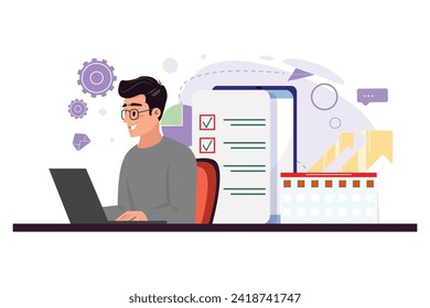 Administrador de multitareas que trabaja en el portátil. Concepto de vector de gestión eficaz
