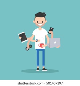 Multitasking millennial concept: young bearded man using a lot of devices at the same time  / flat editable vector illustration