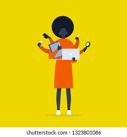 Multitasking Millennial Concept. Young Black Female Character With Six Hands Doing A Lot Of Tasks At The Same Time  / Flat Editable Vector Illustration