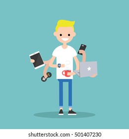 Multitasking millennial concept: young blond man using a lot of devices at the same time  / flat editable vector illustration