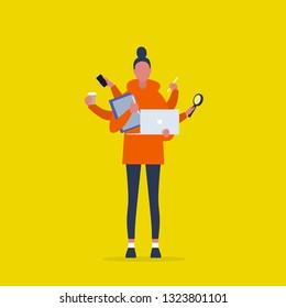 Multitasking millennial concept. Young female character with six hands doing a lot of tasks at the same time  / flat editable vector illustration