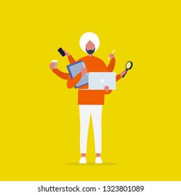 Multitasking millennial concept. Young indian character with six hands doing a lot of tasks at the same time  / flat editable vector illustration