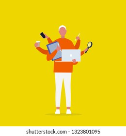 Multitasking millennial concept. Young male character with six hands doing a lot of tasks at the same time  / flat editable vector illustration