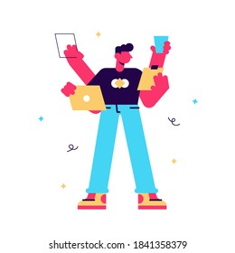 Multitasking millennial concept. Young male character with six hands doing a lot of tasks at the same time flat editable vector illustration