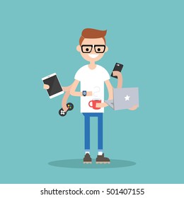 Multitasking millennial concept: young nerd using a lot of devices at the same time  / flat editable vector illustration