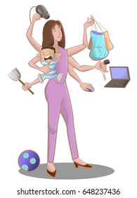 Multitasking Modern Moms Cartoon Vectors: เวกเตอร์สต็อก (ปลอดค่า