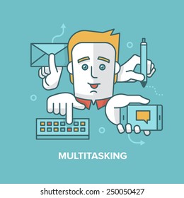 Multitasking. Modern style illustration of a man handling several tasks at the same time: texting on a phone, sending an e-mail, typing on a keyboard, writing with a hand. Productivity concept.