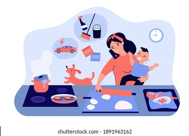 Multitasking Mom With Baby Flat Vector Illustration. Cartoon Busy Mother In Chaos With Cooking, Kid Learning, Home Cleaning And Talking On Phone. Task Overload And Family Concept