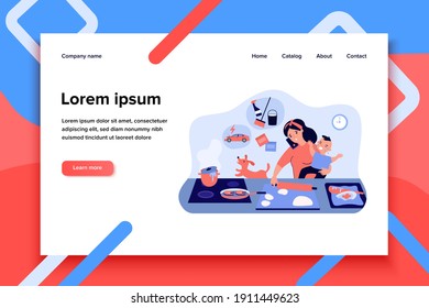 Multitasking mom with baby flat vector illustration. Cartoon busy mother in chaos with cooking, kid learning, home cleaning and talking on phone. Task overload and family concept