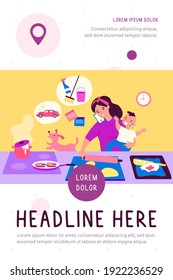 Multitasking Mom With Baby Flat Vector Illustration. Cartoon Busy Mother In Chaos With Cooking, Kid Learning, Home Cleaning And Talking On Phone. Task Overload And Family Concept