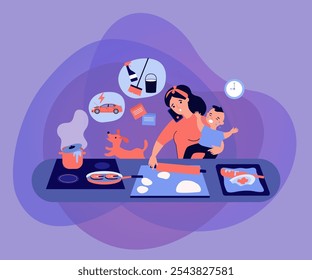 Mamá multitarea con Ilustración vectorial plana de bebé. Madre ocupada de la historieta en caos con la cocina, el niño que aprende, la limpieza casera y hablar por teléfono. Sobrecarga de tareas y concepto de familia