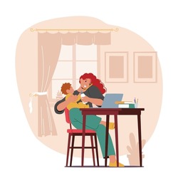 Multitasking Mom Character Juggling Business Tasks On Her Laptop And Mobile While Nurturing Her Baby With Milk Bottle, Showcasing The Dedication Of A Working Mother. Cartoon People Vector Illustration