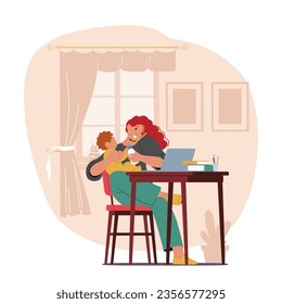 Multitasking Mom Character Juggling Business Tasks On Her Laptop and Mobile While Nurturing Her Baby With Milk Bottle, Showcasing The Dedication Of A Working Mother. Cartoon People Vector Illustration