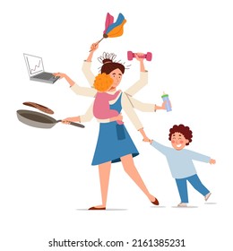 Multitasking mom in the image of Shiva. A woman cooks food, cleans dust, takes care of children and works at a laptop.