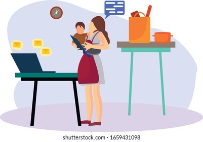 Multi-tasking mom. Working on a maternity leave with a baby. A woman with a child in her arms. Family. Vector illustration. Flat style vector illustration.