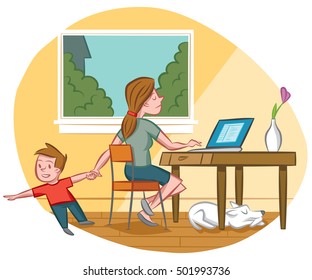 Multitasking mom works from home while taking care of her son.