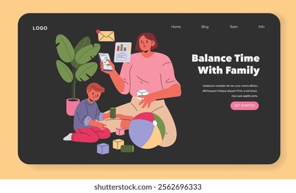 Multitasking mother balances work and playtime with child at home. Mother and son bonding during busy schedule. Vector illustration.