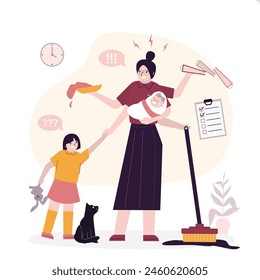 Multitasking mother with children and housework. Woman with newborn doing domestic tasks. Multifunctional female character with many hands doing different jobs. Productive motherhood and household.