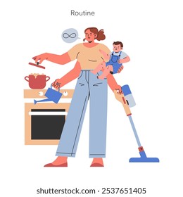 Multitasking mother concept. A busy woman juggles cooking, child care, and household chores. Balancing family duties and daily routine. Vector illustration.