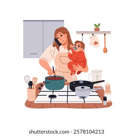 Multitasking mother cooks food, holds baby on hands and talks on the phone. Mom with kid cooking meal on gas stove, does housework in kitchen. Flat isolated vector illustration on white background