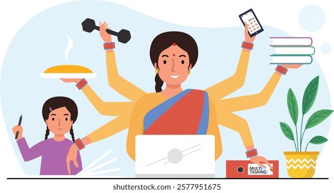 Multitasking mother. Women empowerment India. Women power. Working wife with daughter. Mother, businesswoman with child, working, cooking and helping her child with study. Vector illustration.