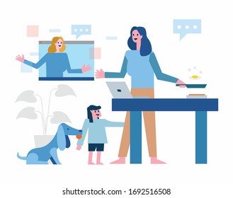 Multitasking mother work at home. Working online, cooking and take care kid and pet. Home quarantine concept design. vector illustration