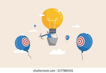 Multitasking or multi objective strategy aimed at multiple goals or objectives. Various abilities and skills to achieve goals. Businessman floats with balloons light bulb and bows for shooting target.