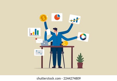 Multitasking with Multiple Arms. self development. productivity and project management skill.  
Office workers perform a variety of tasks. Illustration