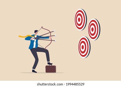 Multitasking or multiple purpose strategy, aiming for many targets or goal, skillful professional to achieve success in work and career concept, businessman aiming multiple bows on three targets.