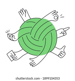 Multitasking, multiservice, multitool, the scope of work, or untangling the knot of problems. A ball of thread from which hands stick out with different signs and tools. Thin line vector illustration.