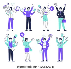 Multitasking Office Workers, Productive Business Characters. Professional Multitasking Employees Doing Many Things Simultaneously Flat Vector Illustration Set. Juggle Business People