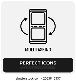 Multitasking On Smartphone Screen Thin Line Icon. Modern Vector Illustration.