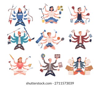 Personaje de Personas multitarea con muchas manos Conjunto de Vectores