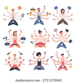 Personaje de Personas multitarea con muchas manos Conjunto de Vectores