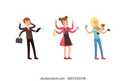 Multitasking People Collection, Businessman, Hairdresser, Photographer Characters with Many Hands Cartoon Style Vector Illustration