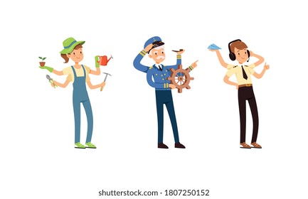 Colección multitarea de personas, capitán, controlador de tráfico aéreo, personajes de jardineros con muchas manos de dibujos animados Ilustración vectorial de estilo