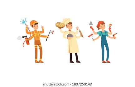 Multitasking People Collection, Firefighter, Chef Cook, Painter Characters with Many Hands Cartoon Style Vector Illustration