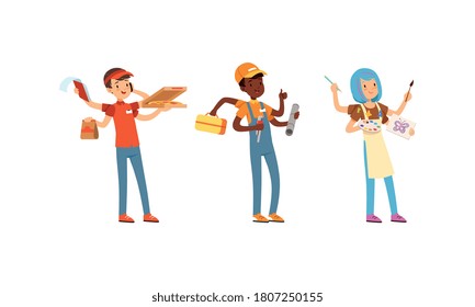 Colección multitarea de personas, Pizza Delivery Boy, Plumber, personajes artísticos con muchas manos de dibujos animados Ilustración vectorial
