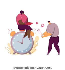 Multitasking people and countdown of alarm clock isolated flat vector illustration. Cartoon characters working in team with chronometer. Time management and business concept